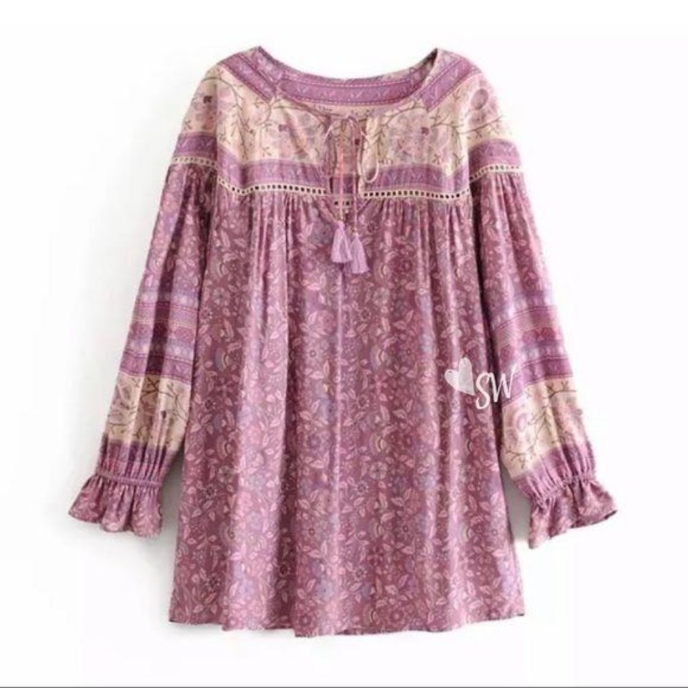 Gypsy boho print blouse purple long sleeve - Picture 4 of 9